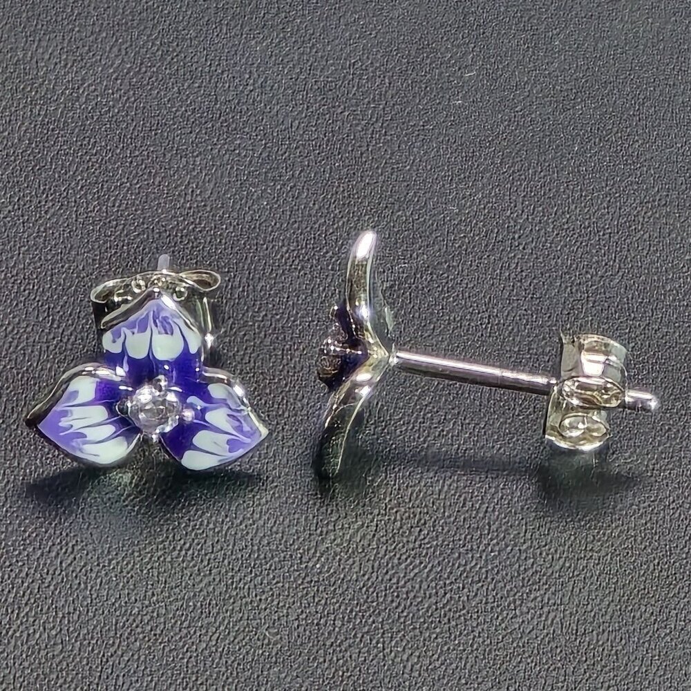 Sterling Silver Purple Enamel Flower Stud Earrings (NWOT) - Picture 2 of 6